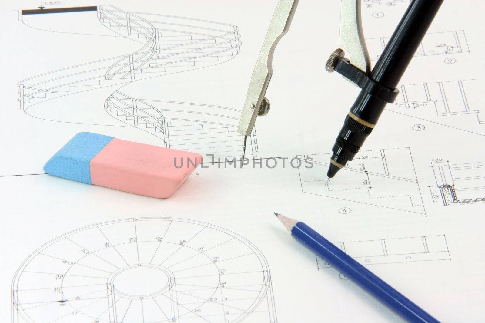 architecture designs background and desing tools compass with rapidograph detail eraser and pencil
