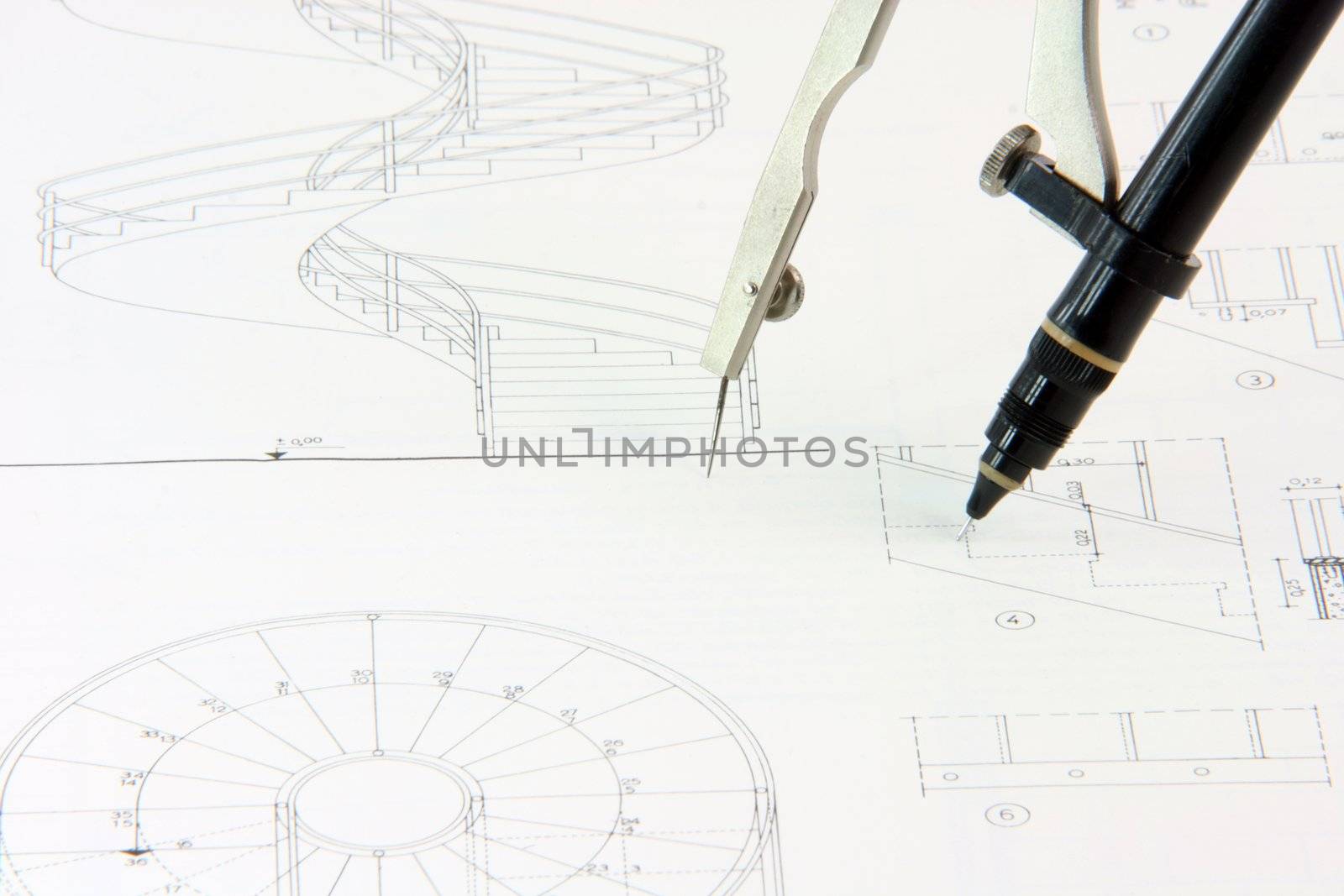 architecture designs and compass with rapidograph detail
