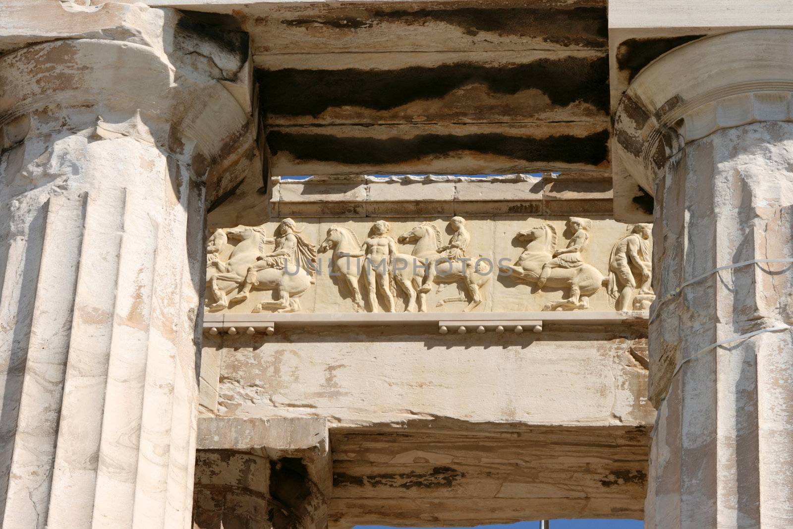 detail from sculptures in parthenon at acropolis of athens greece