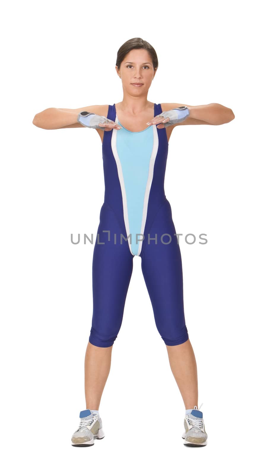 Young woman doing warming-up exercises against a white background.