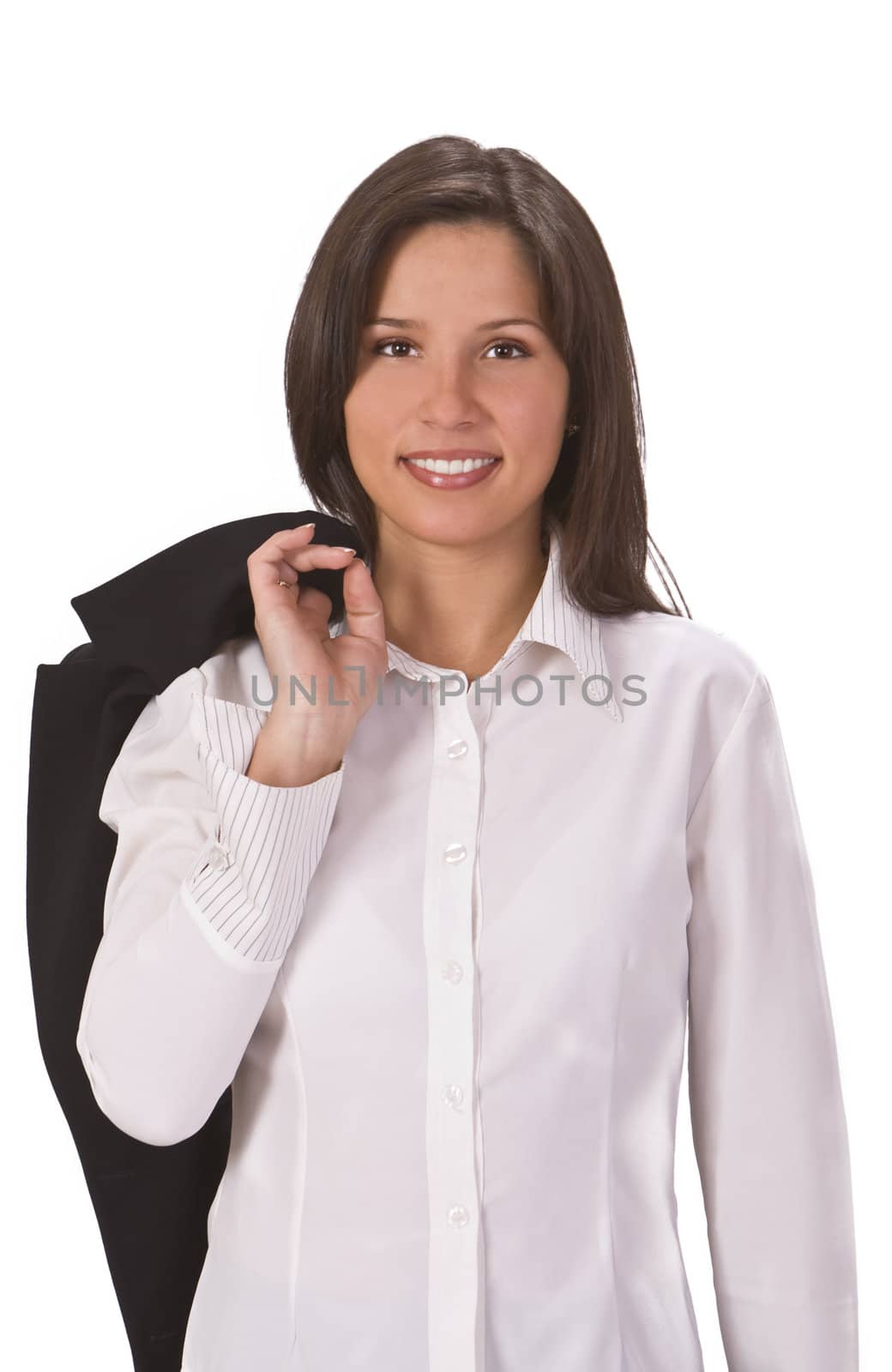 Image of a smiling brunette dressed casually in a white blouse. 