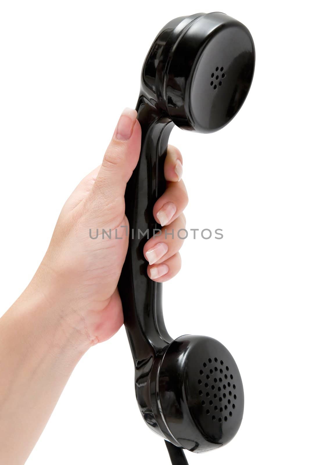 Woman holding an old-fashionend telephone receiver. Isolated on a white background.