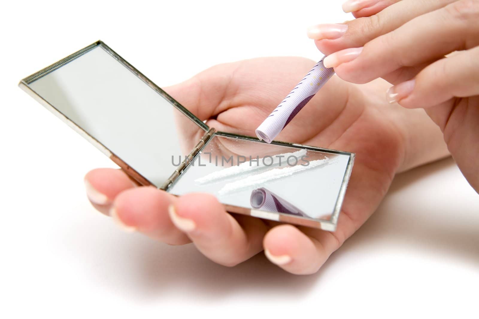 Woman snorting cocaine. White background.