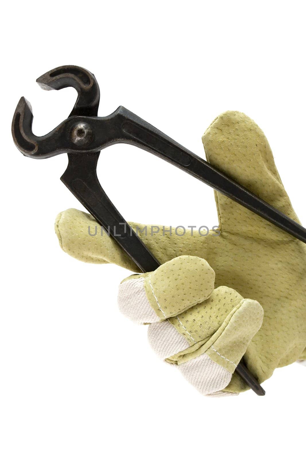 Gloved hand holding a working tool. Isolated on a white background.