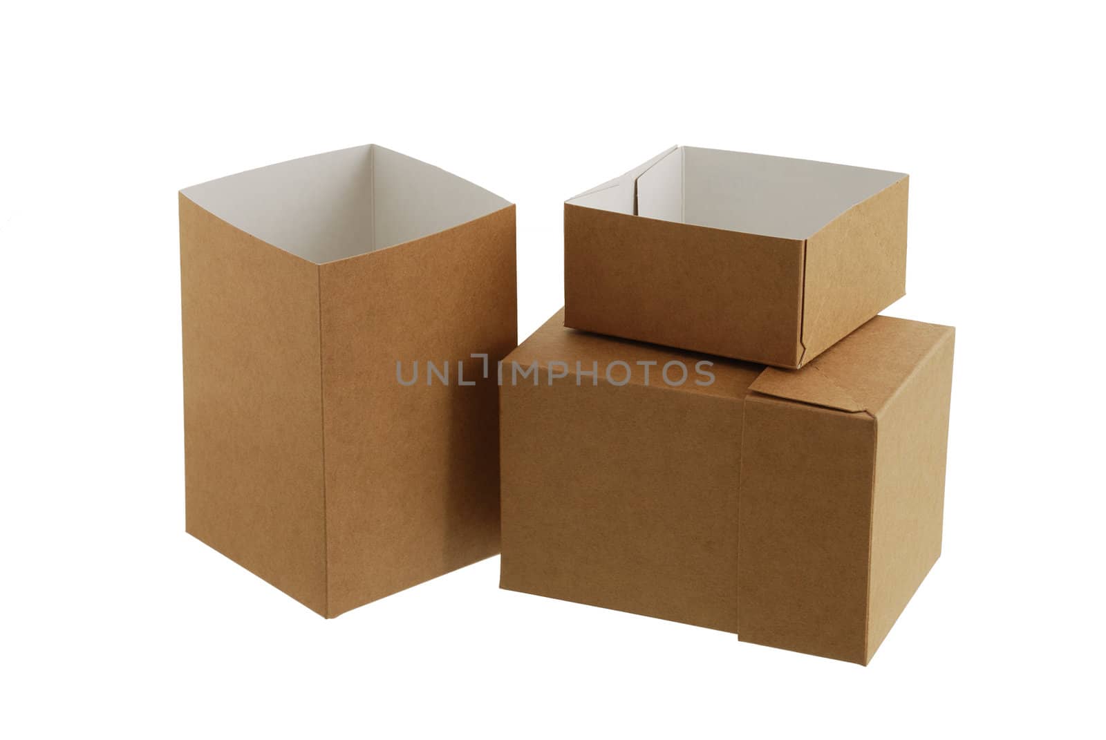 Two simple brown carton boxes one opened and another closed on white background with shadow