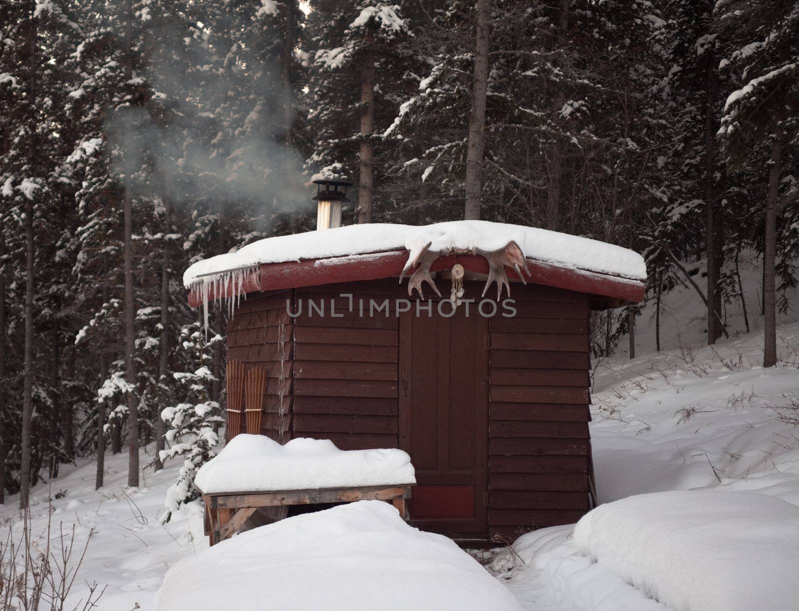 Sauna hut in winter forest by PiLens