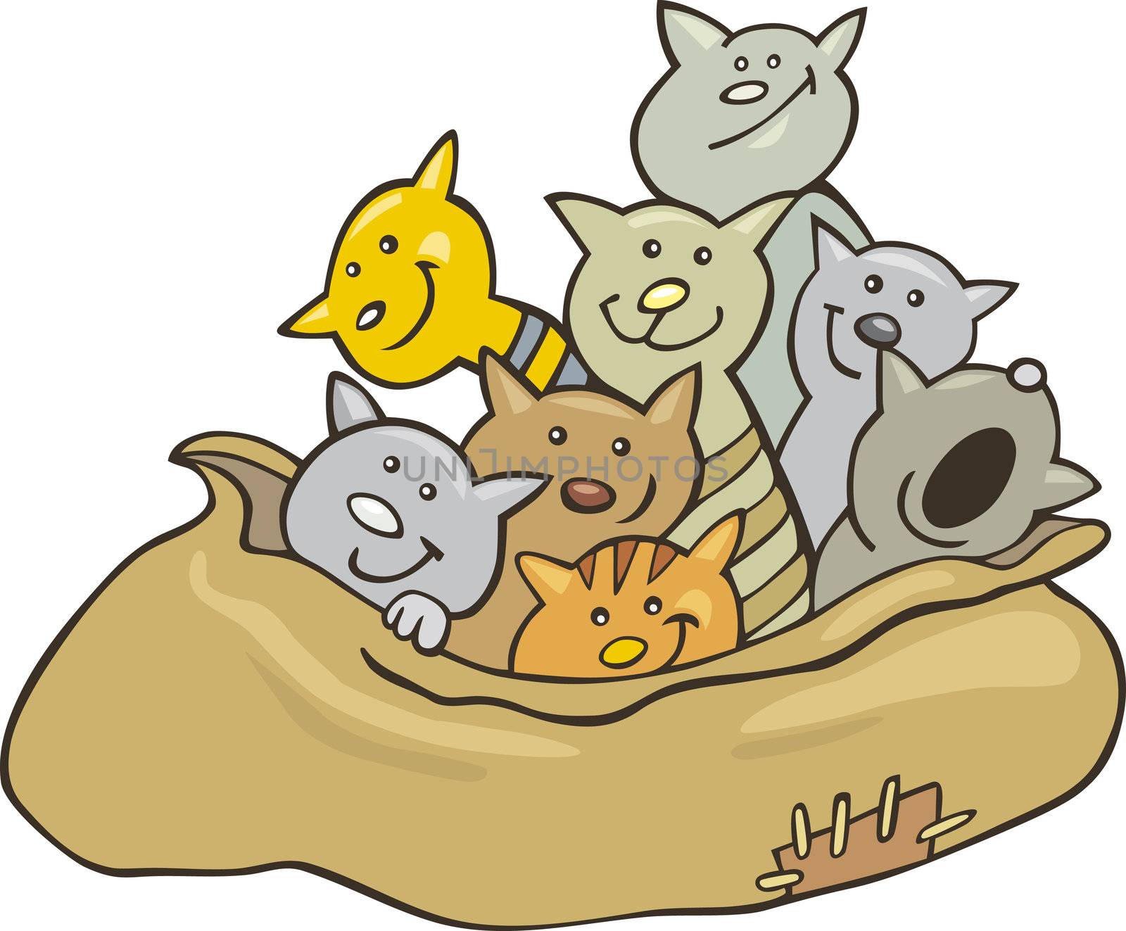 Cartoon illustration of cats in sack