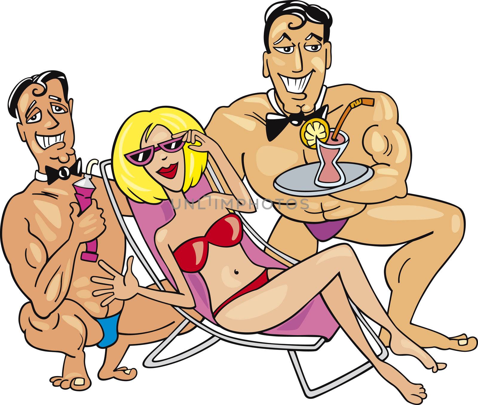 Illustration of happy woman on the beach with two handsome guys
