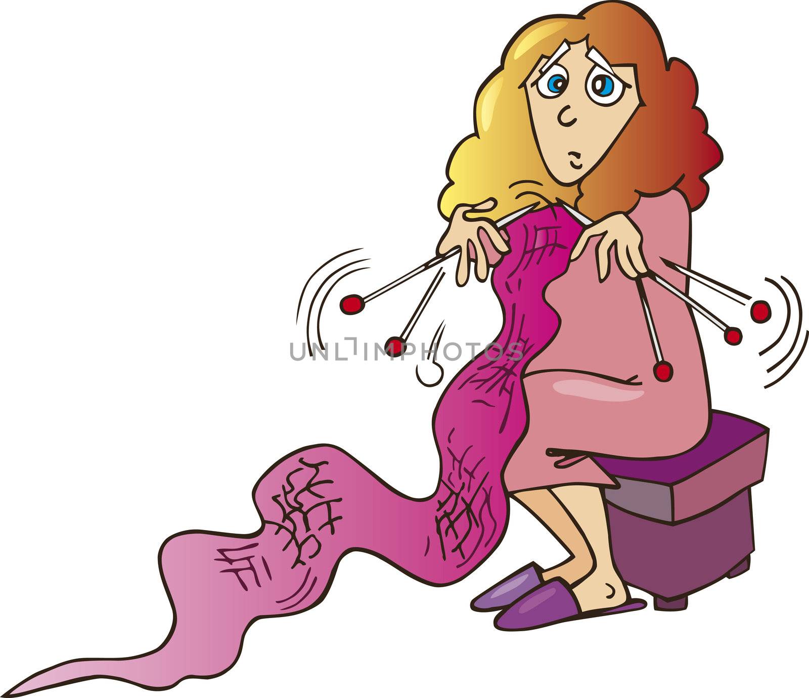 Illustration of stressed housewife knitting