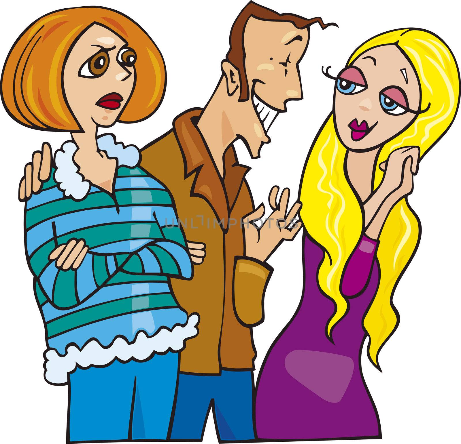 Cartoon illustration of man talking to cute blond girl and his jealous wife