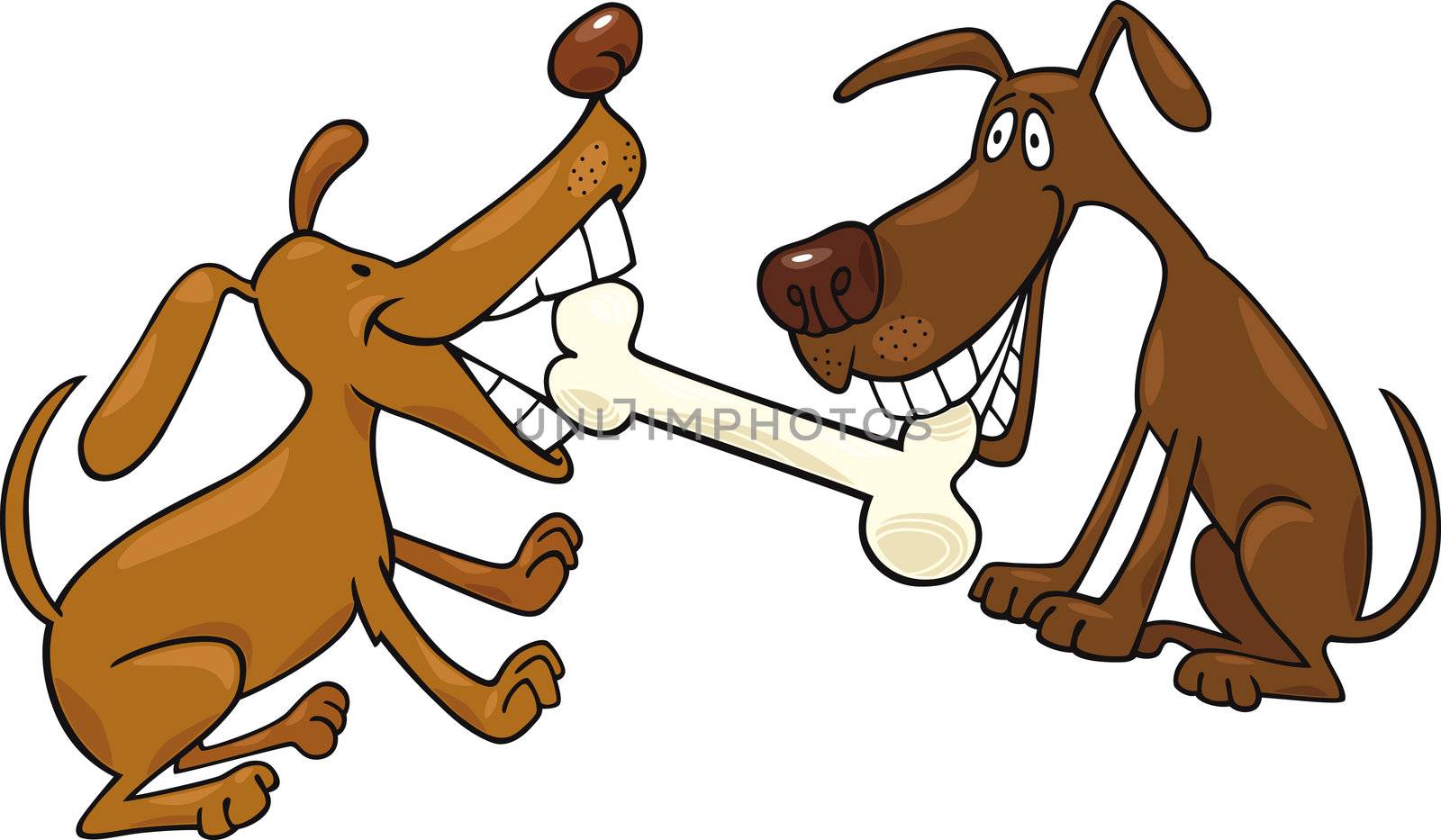 cartoon illustration of two dogs playing with bone
