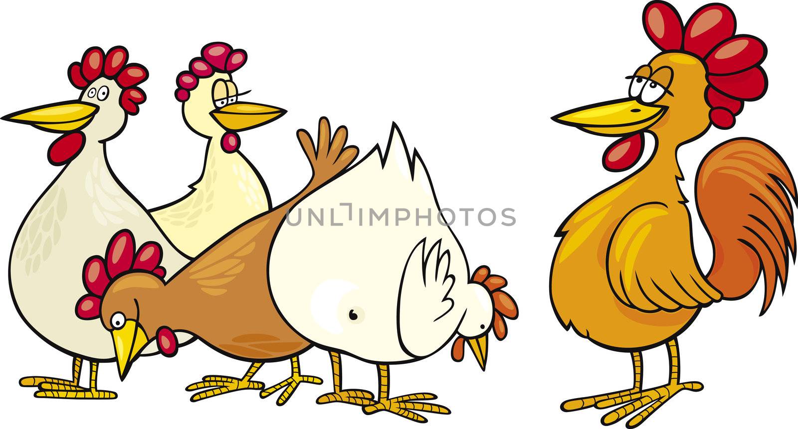 cartoon Illustration of rooster and hens