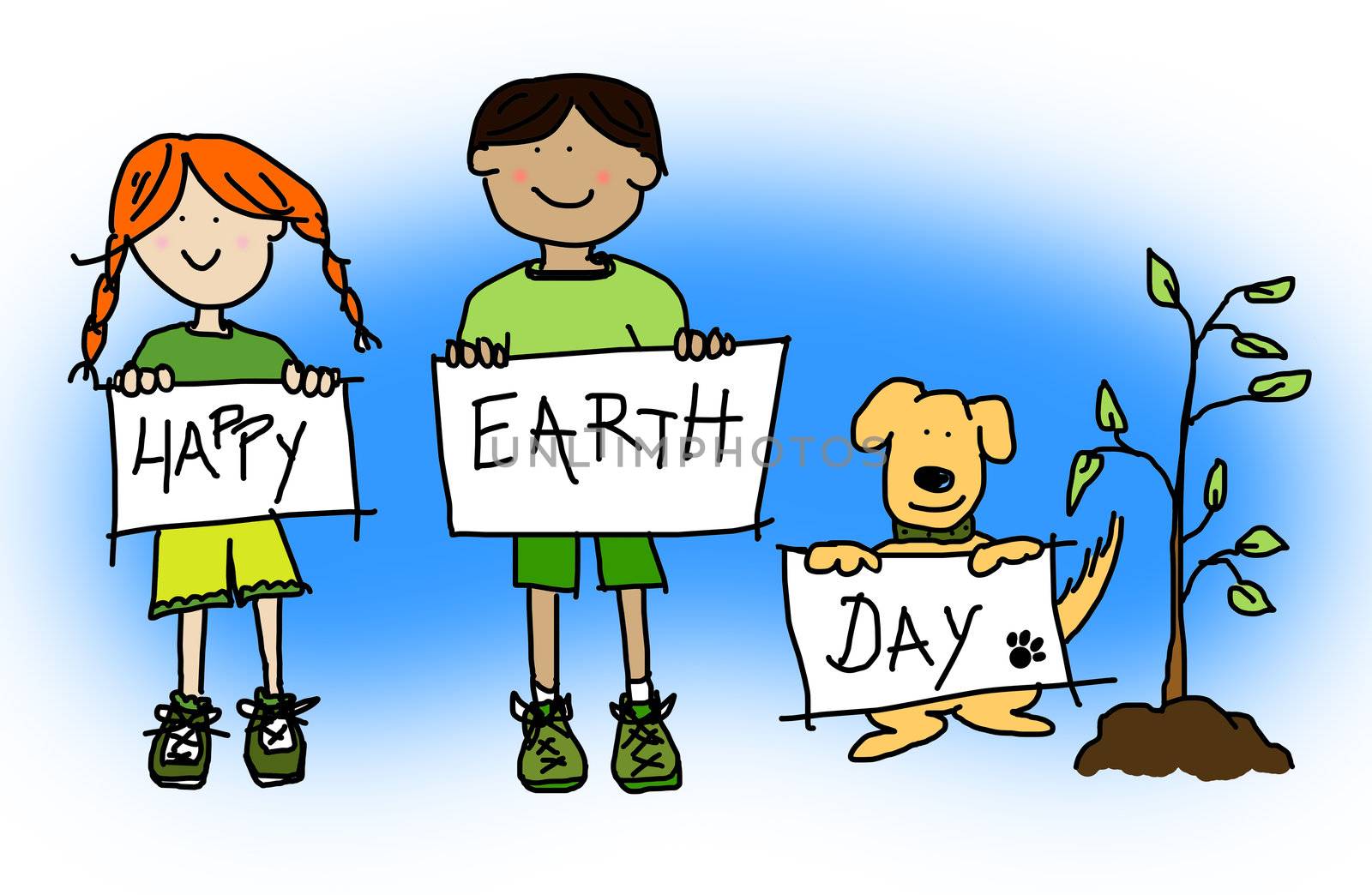 Green or ecological concept with large childlike cartoon of boy and girl kids and their dog holding up HAPPY EARTH DAY sign