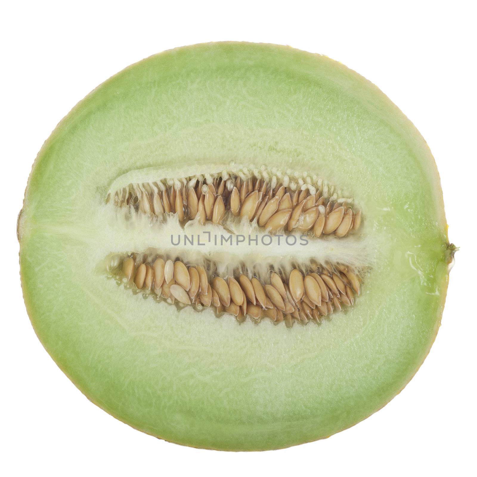 Half a honeydew melon on a white background.