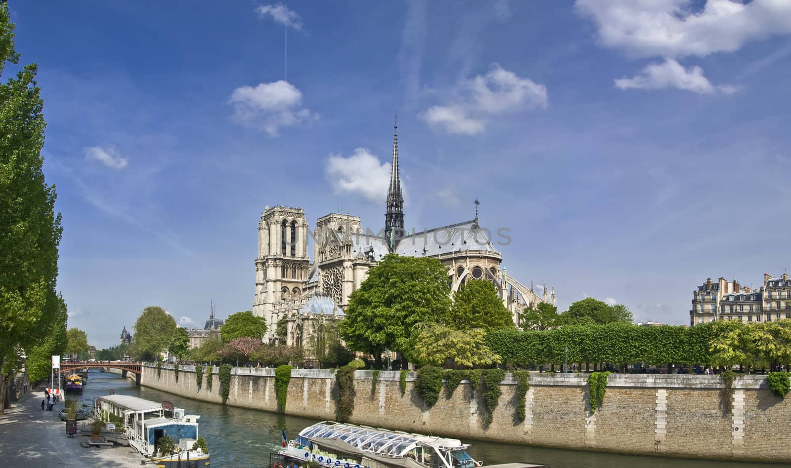 Notre Dame de Paris. View from the embankment of hay. Spring, the urban scene.