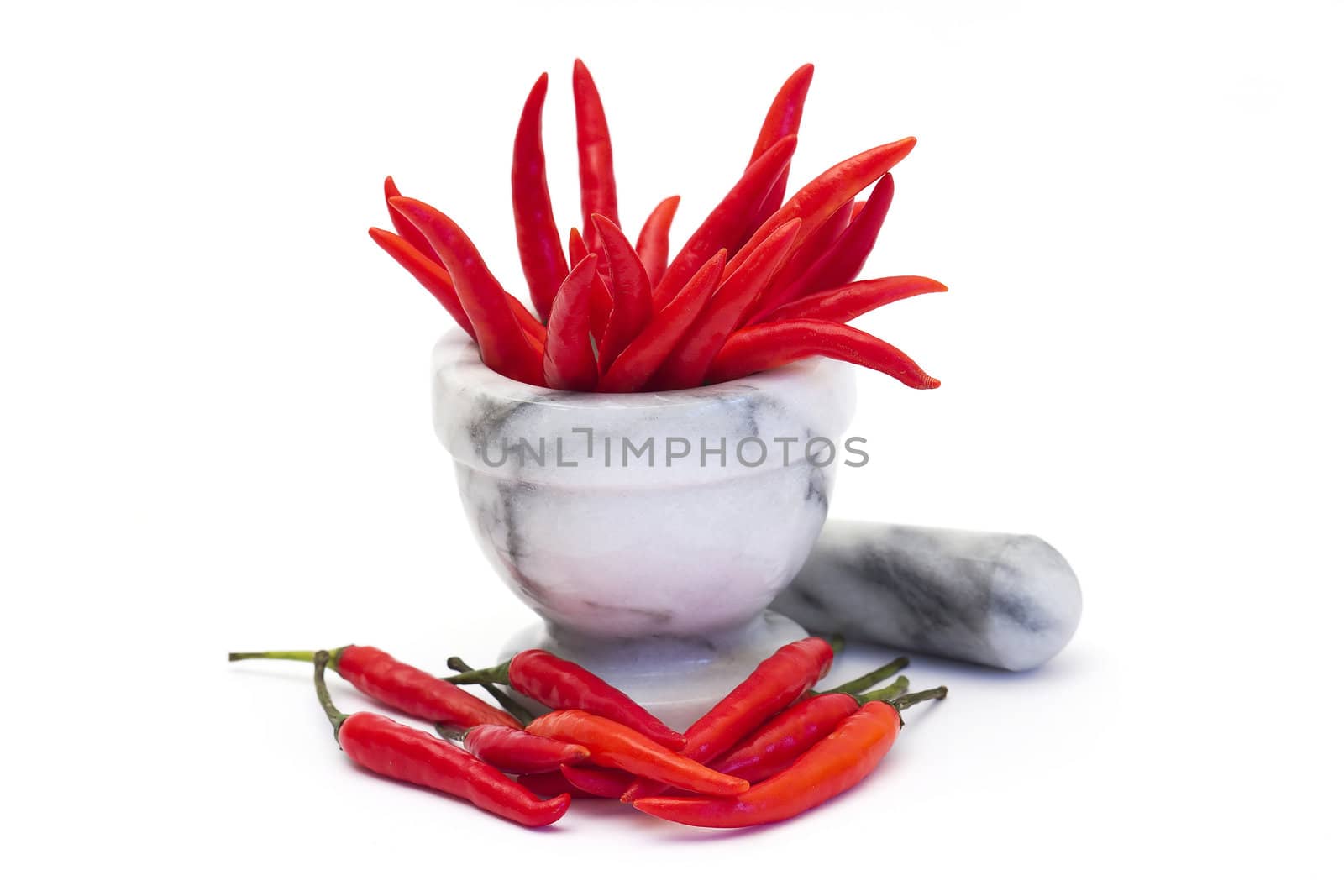 red chili peppers in a mortar