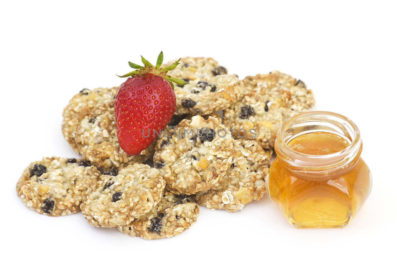 cereal cookies, honey and fresh strawberry