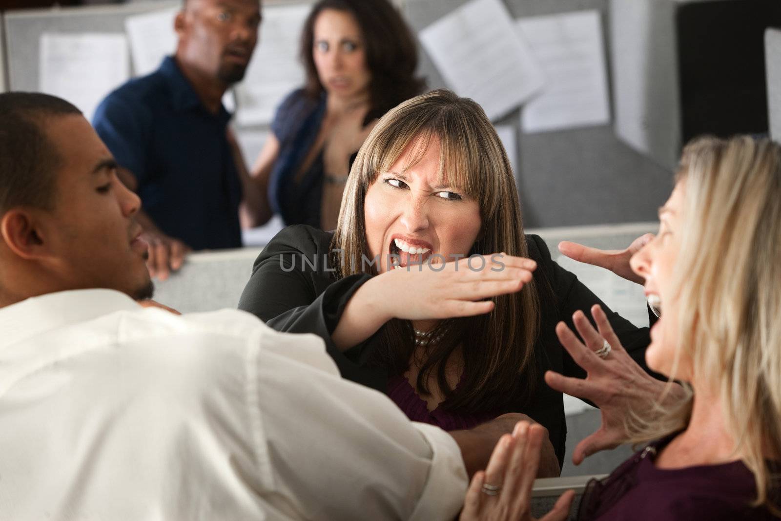 Two woman employees quarreling among other coworkers