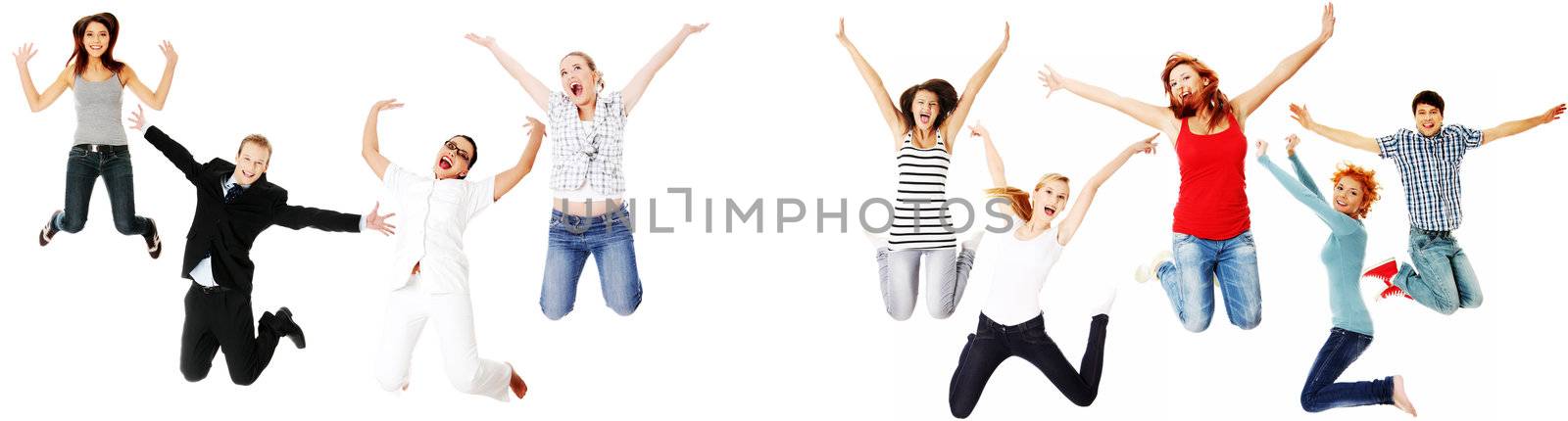 Jumping happy people, isolated on white background