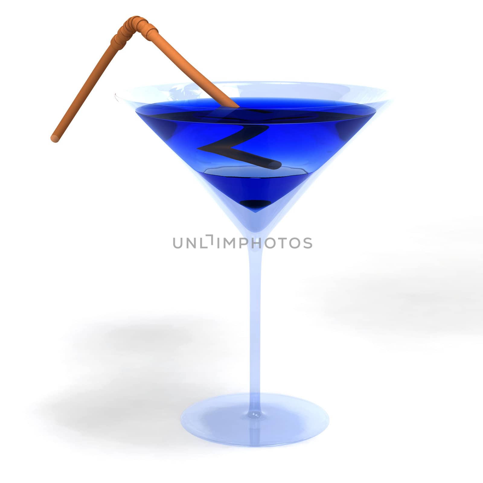 Blue colored cocktail in glass with brown straw