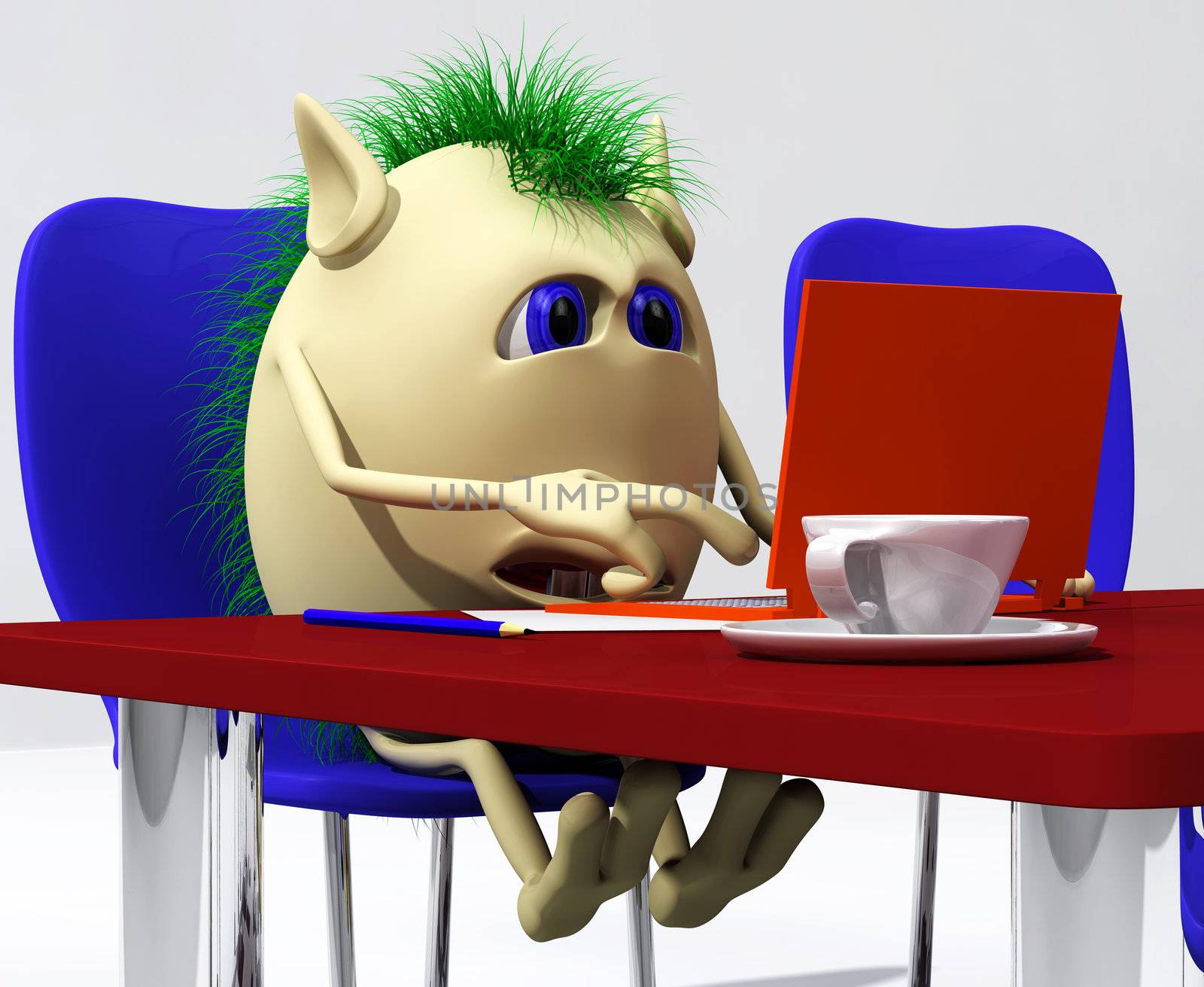 Puppet printing behind orange laptop on blue chair