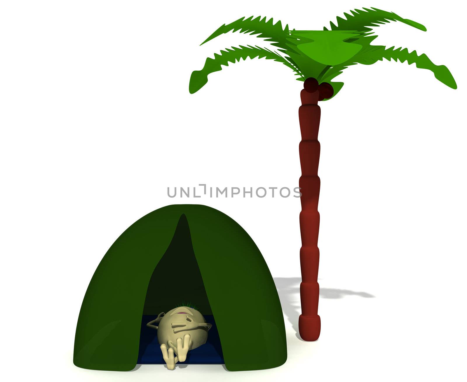 Puppet rest under green tent near high palm