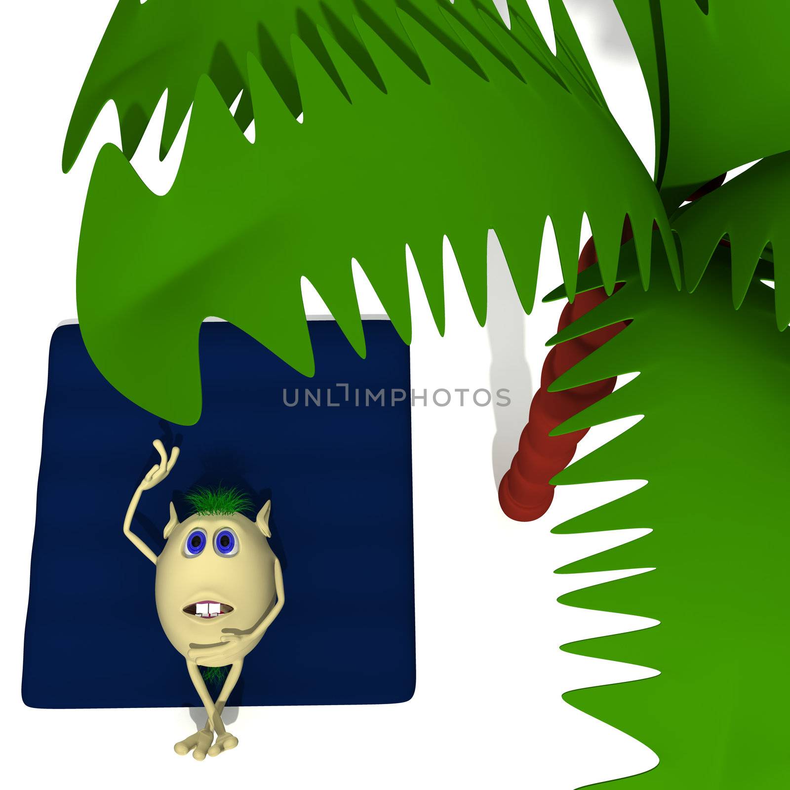 Laying puppet on blue matress under high palm
