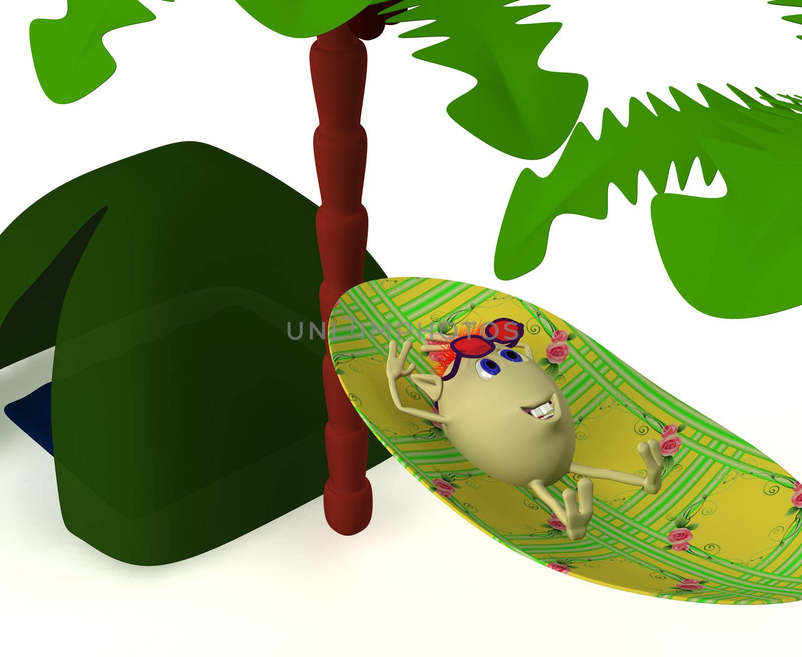 Puppet resting near green tent under high palm