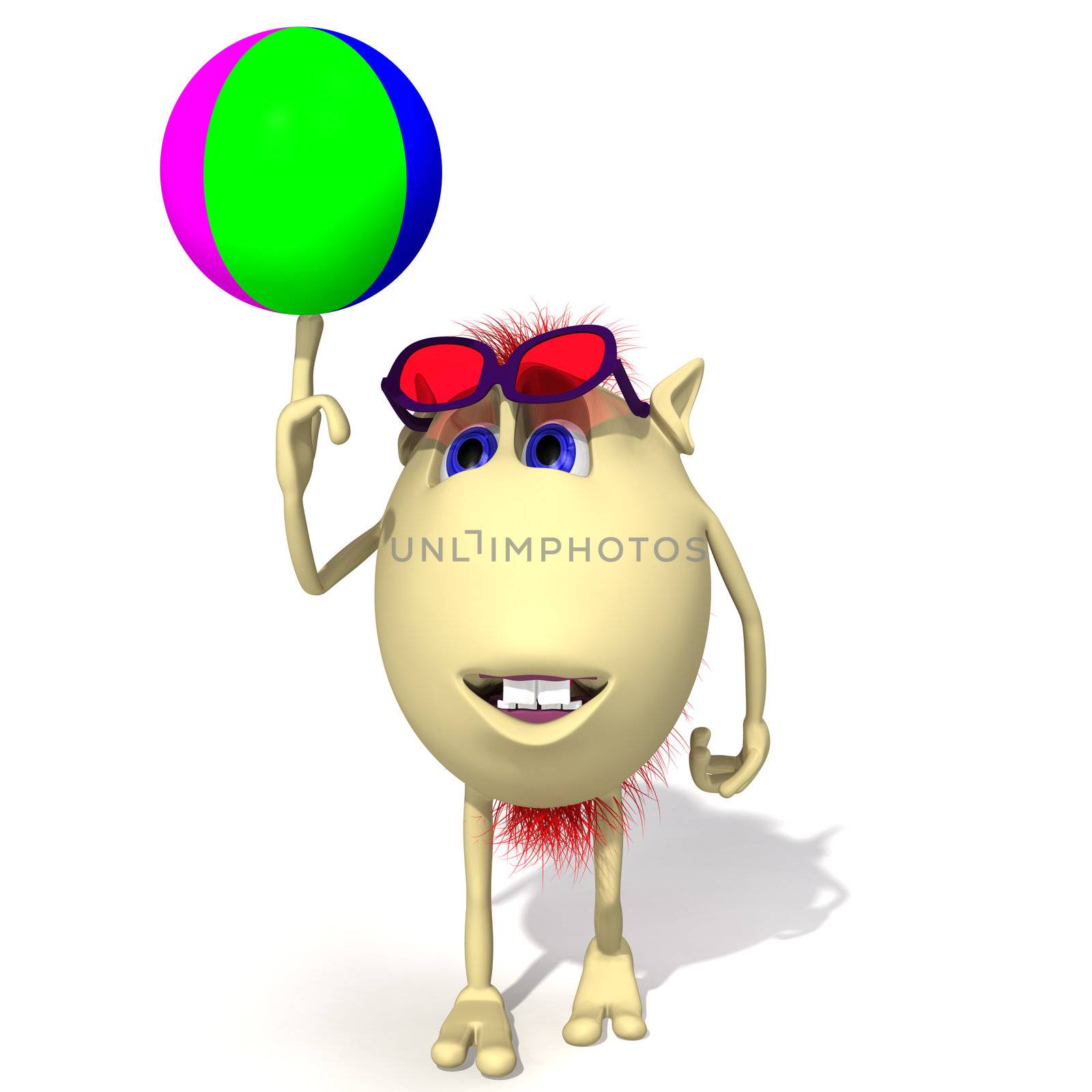 Happy puppet playing colored ball on white background