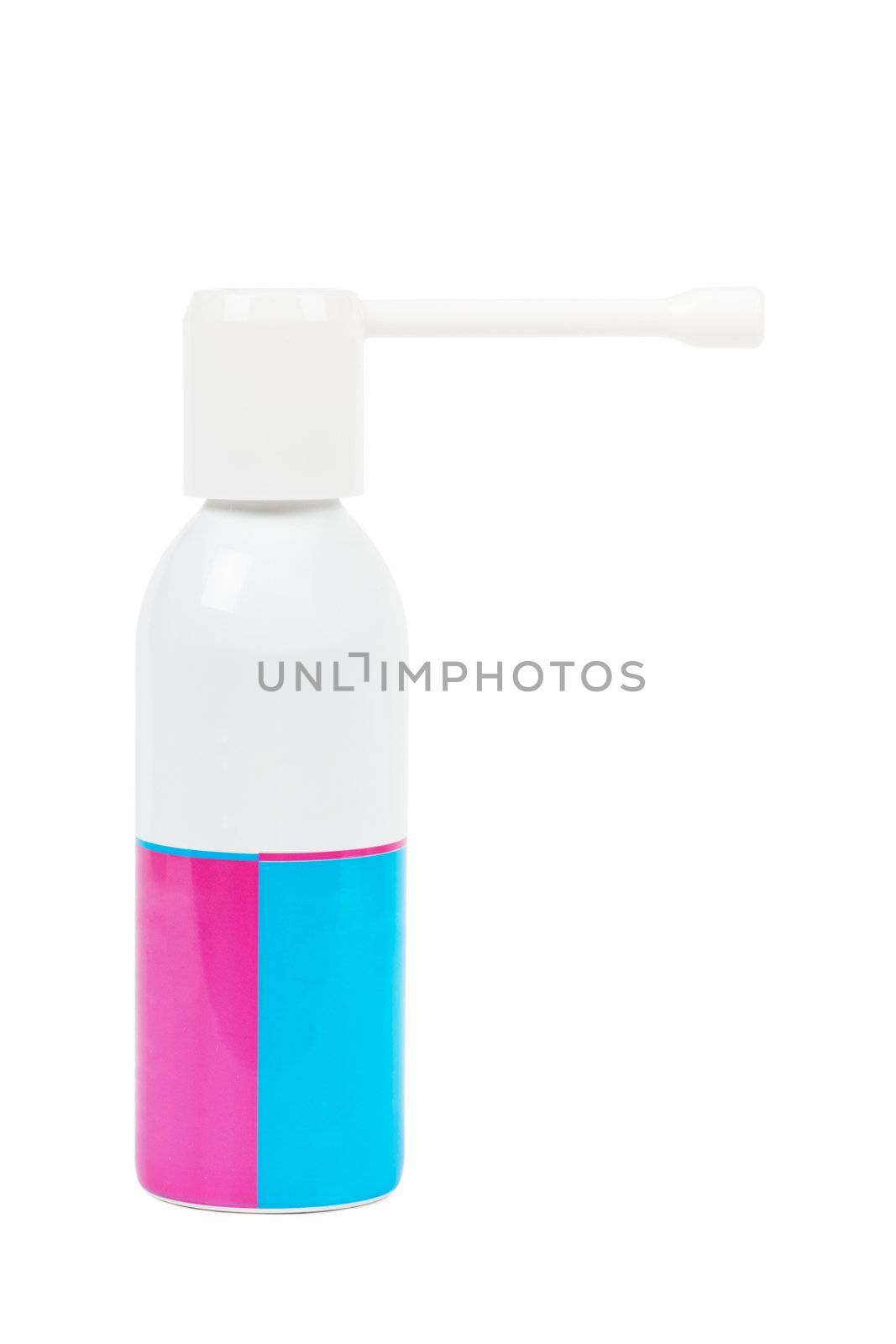 Macro view of medical spray bottle over white background