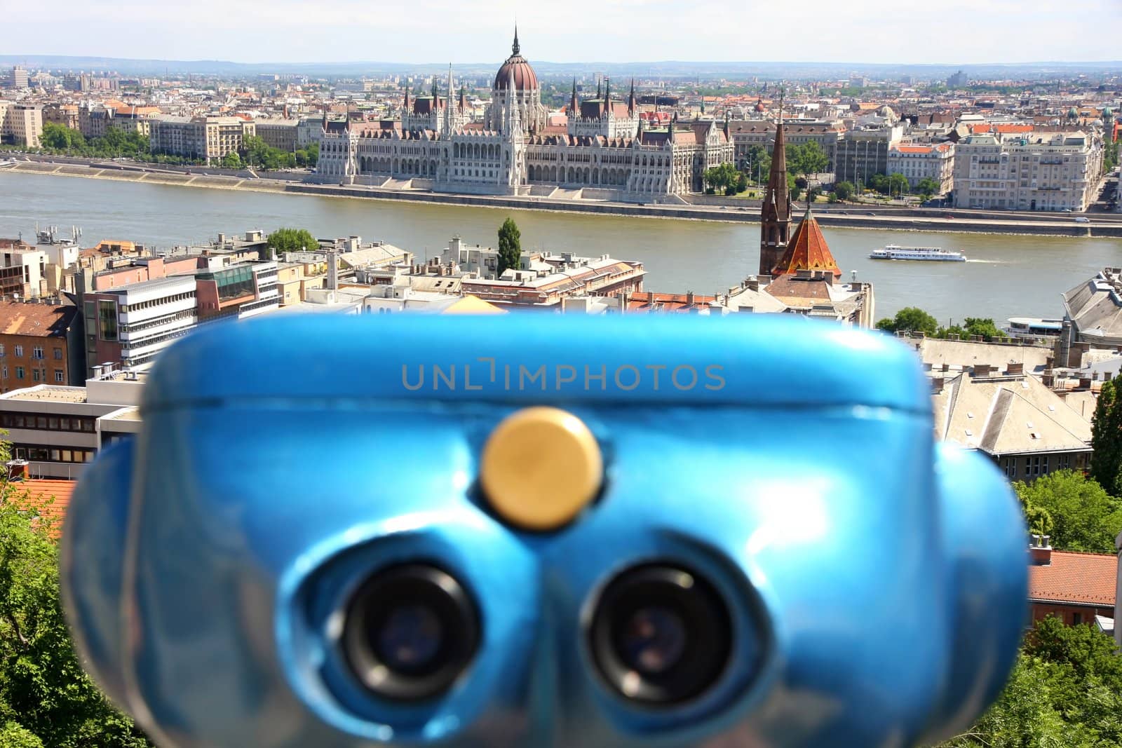 The parliament building with binoculars in Budapest, Hungary