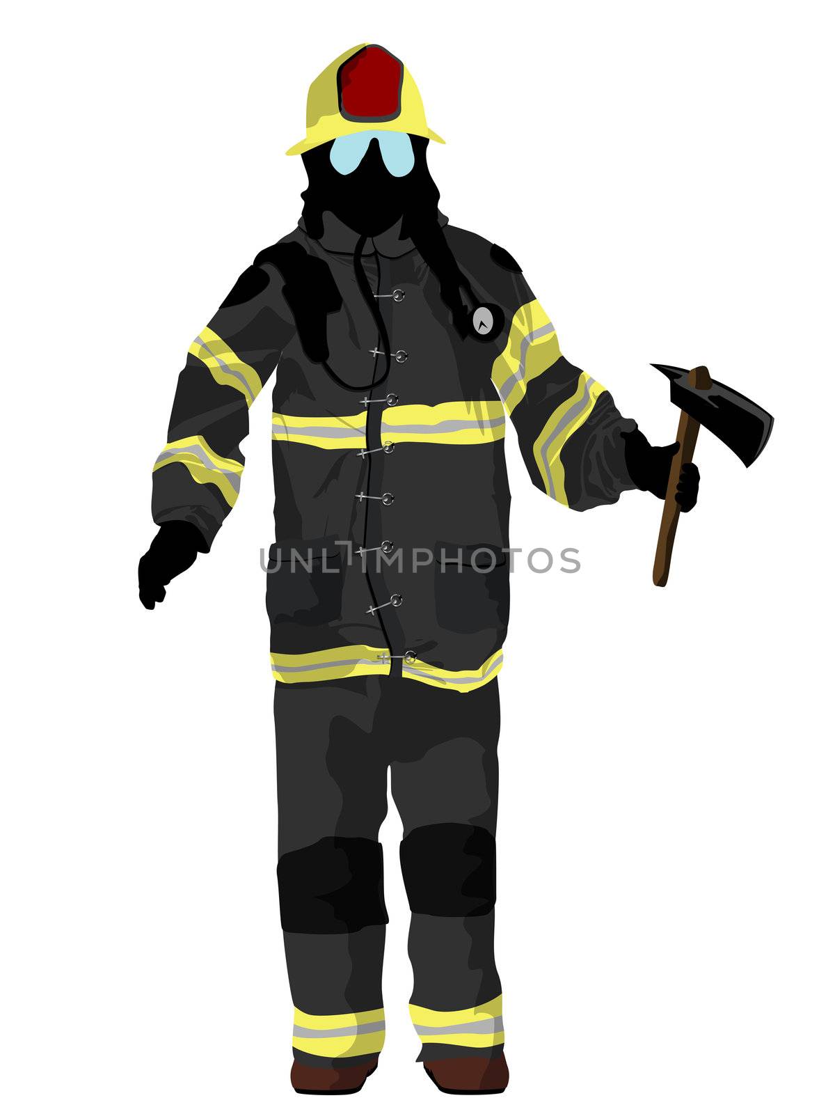 Fully equipped firefighter with axe, isolated and grouped objects over white background