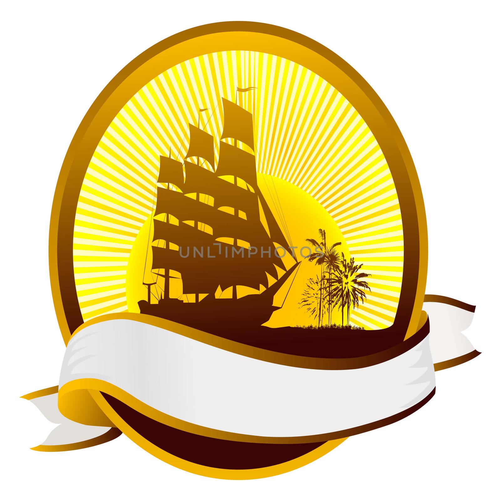 Summer tourism icon with ship silhouette, tropical island and banner for text.