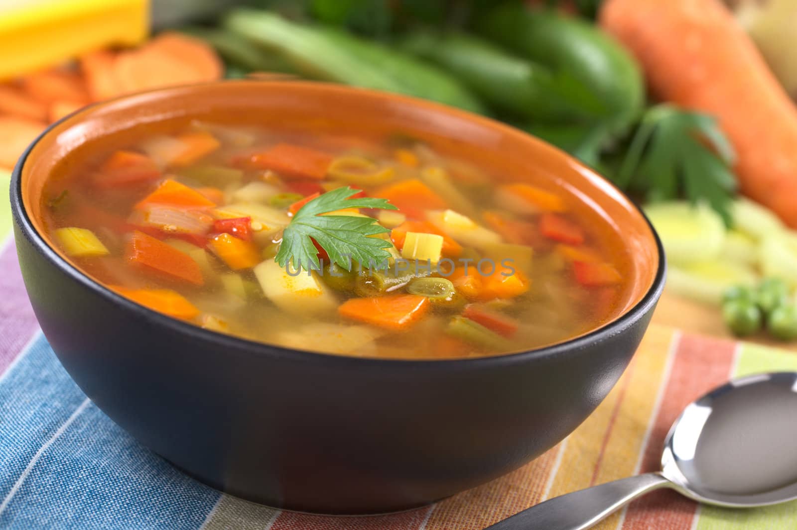 Fresh vegetable soup made of green bean, pea, carrot, potato, red bell pepper, tomato and leek in black bowl garnished with a parsley leaf with ingredients in the back (Selective Focus, Focus on the front of the parsley leaf)