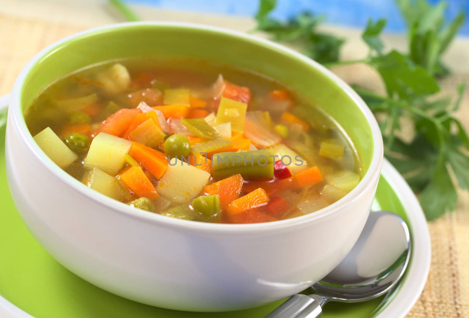 Fresh vegetable soup made of green bean, pea, carrot, potato, red bell pepper, tomato and leek in bowl with parsley in the back (Selective Focus, Focus on the vegetables one third into the soup)