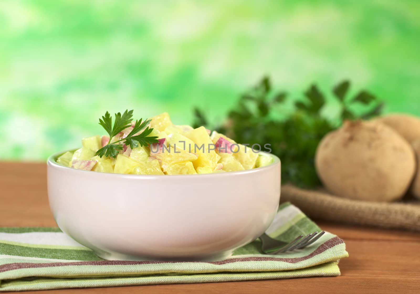 Potato salad made of cooked potatoes, red onions and cucumber, seasoned with a mayonnaise dressing and garnished with a parsley leaf (Selective Focus, Focus on the front of the salad and the leaf)
