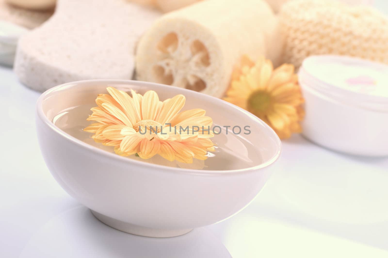 Spa still life with flower, sponge and cream with toning effect (Selective Focus, Focus on the middle of the front flower)