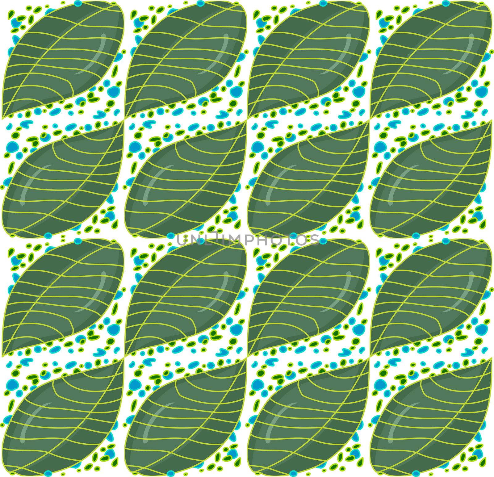 Seamless pattern of abstract leaves with water drops