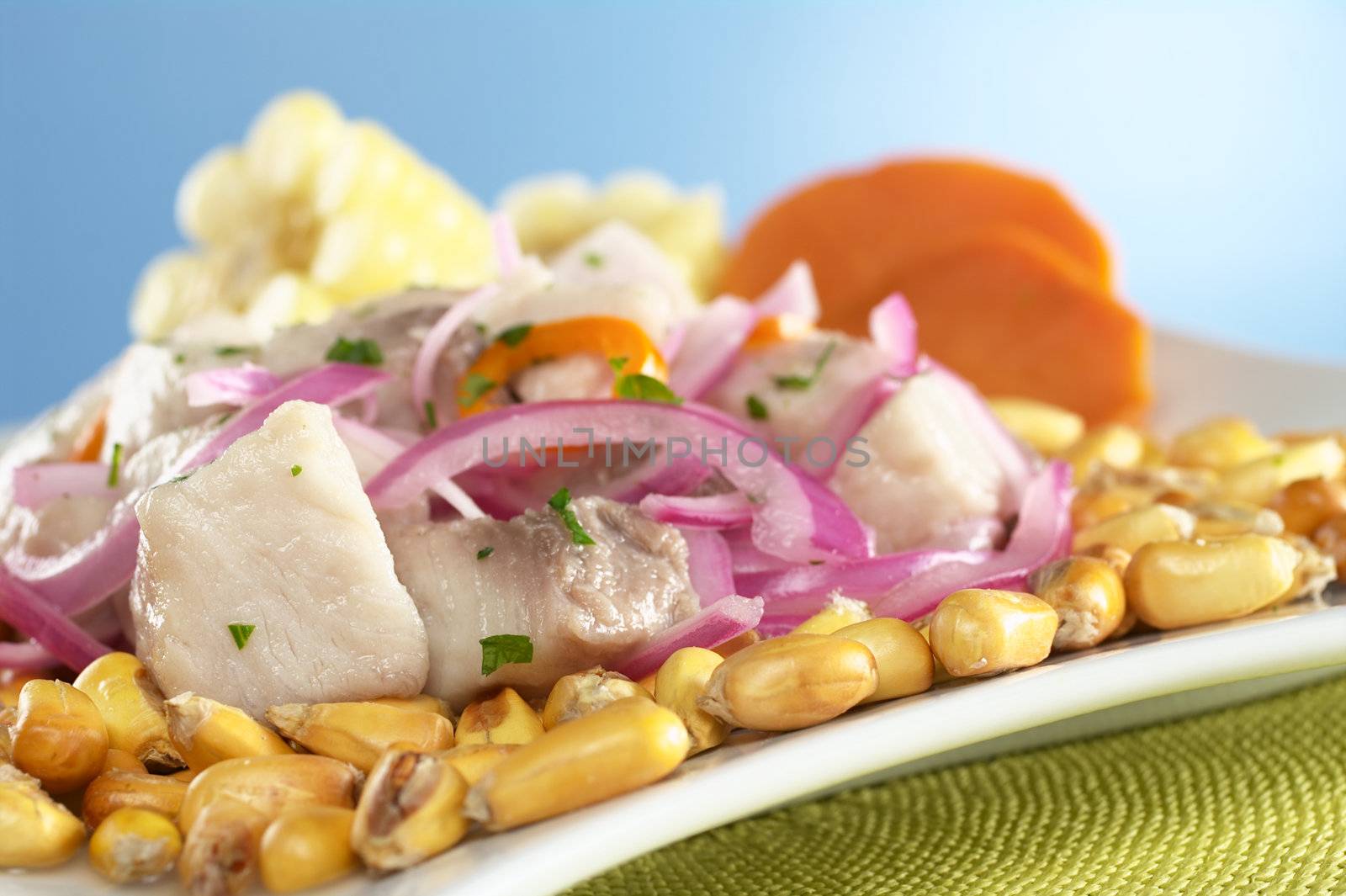 Peruvian-style ceviche made out of raw mahi-mahi fish (Spanish: perico), red onions and aji (Peruvian hot pepper) and served with roasted corn (cancha) and cooked corn cob as well as cooked sweet potato (Selective Focus, Focus on the fish on the left)