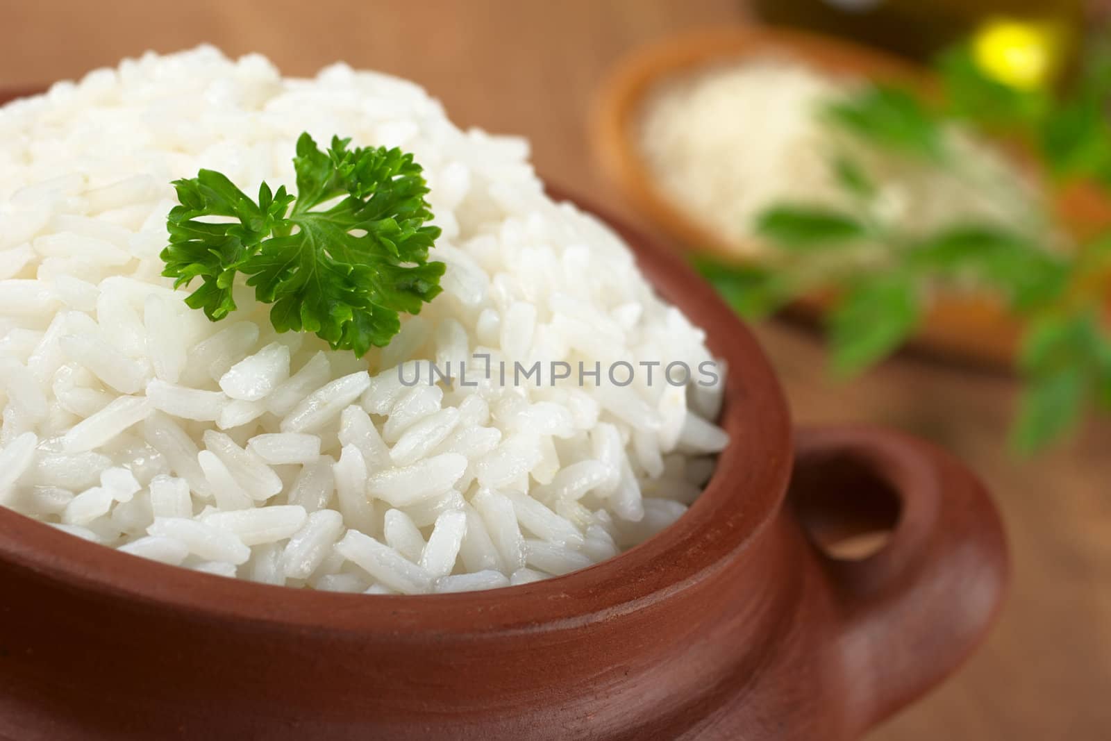 Cooked white rice garnished with parsley in a rustic bowl (Selective Focus, Focus on the parsley and the rice around)