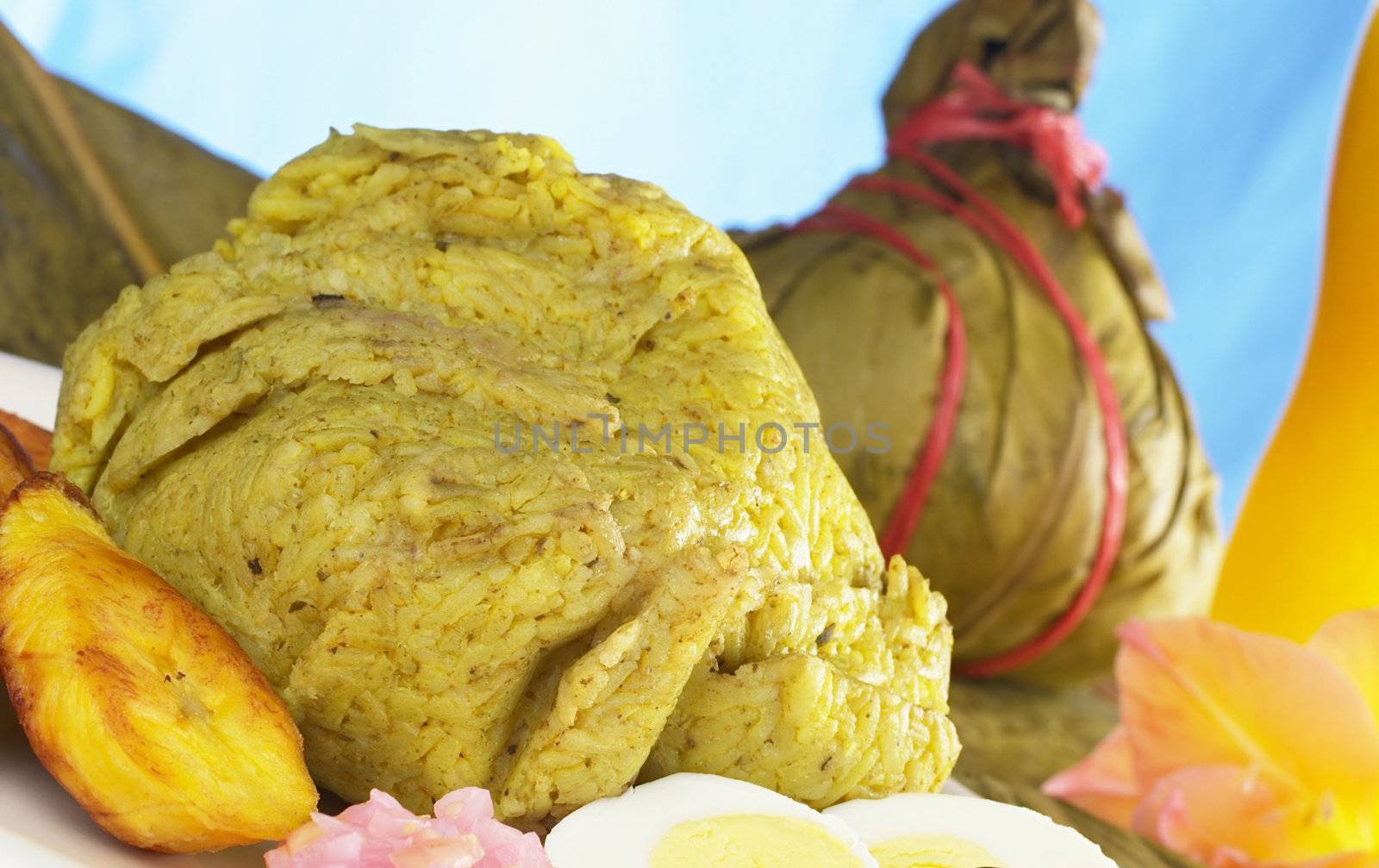 Traditional Peruvian food called Juane from the jungle area, in which rice, eggs and different kinds of meat are wrapped into bijao leaves, and are served with fried plantains and eggs (Selective Focus, Focus on the front of the rice)