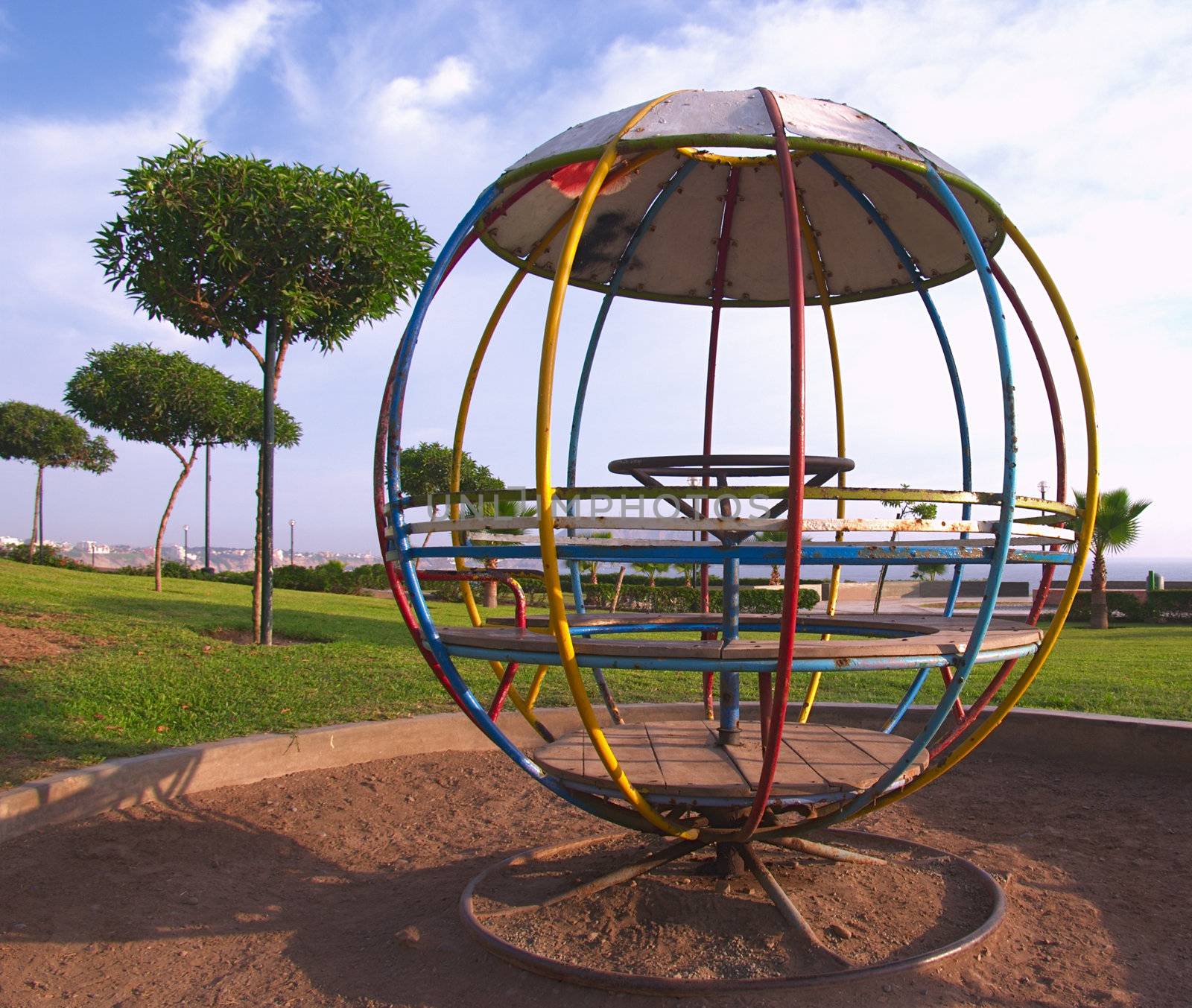 Round jungle gym in a park on the coast of Lima, Peru