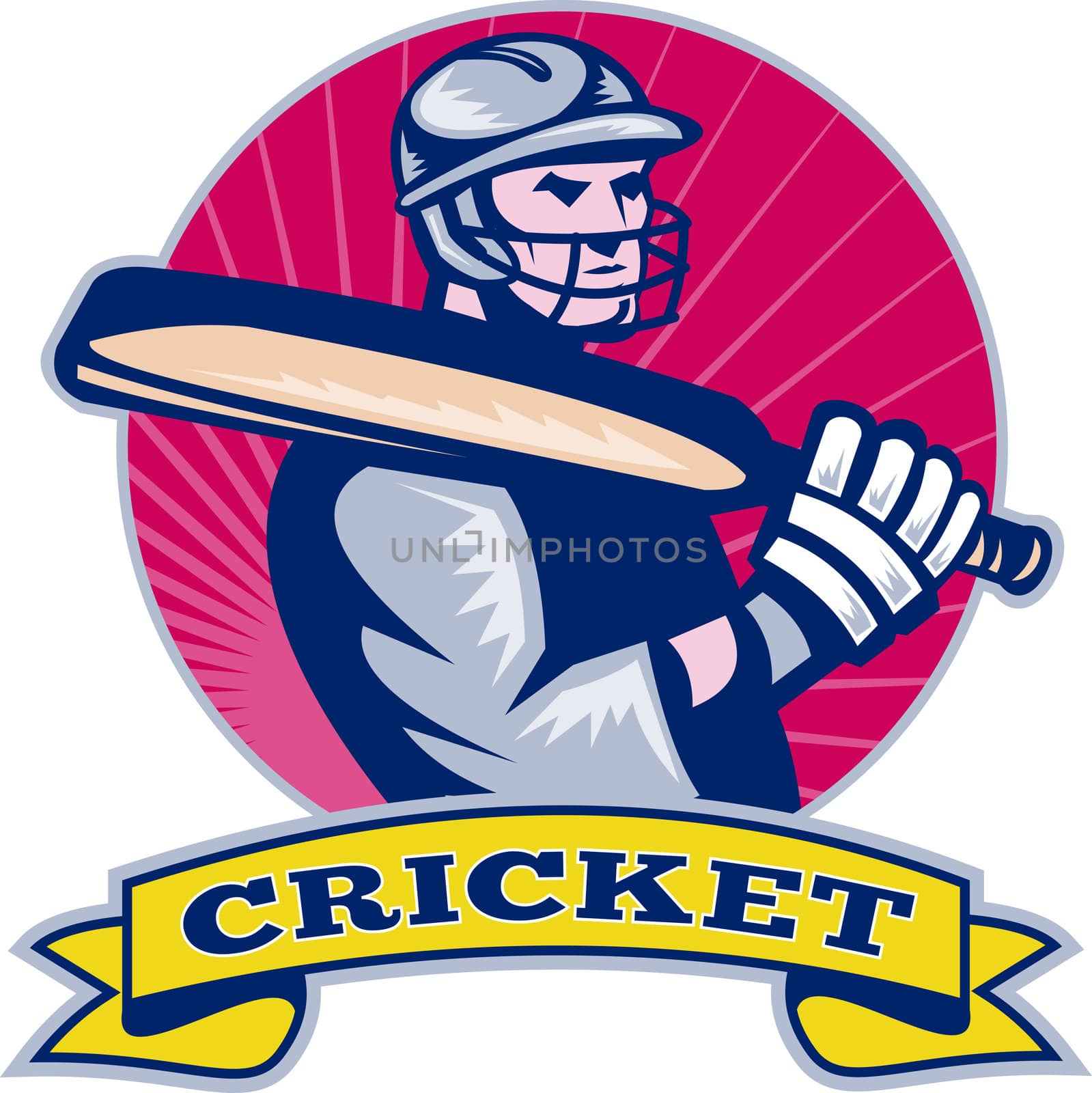  illustration of a cricket batsman with bat side view with sunburst in background done in retro style