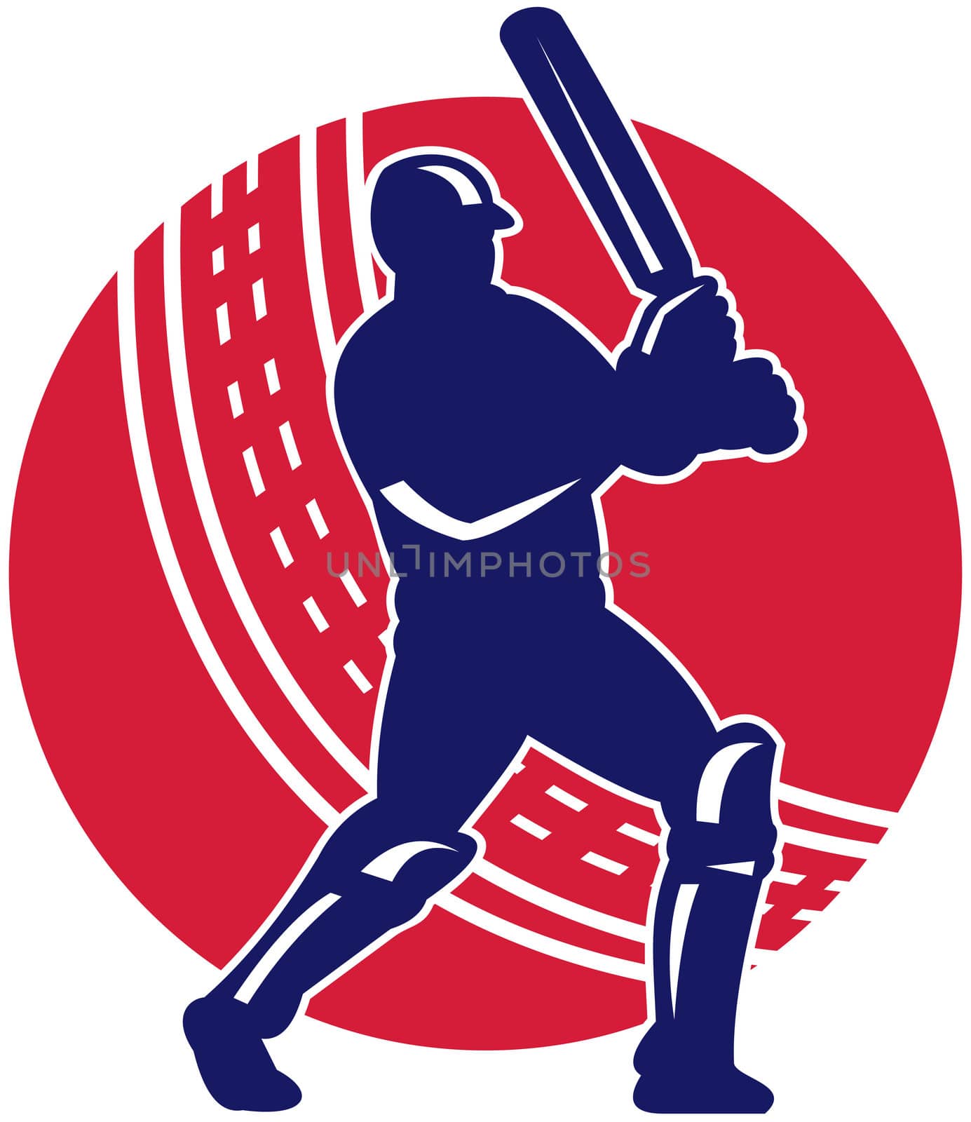 illustration of a cricket batsman batting front view with ball in background done in retro style 