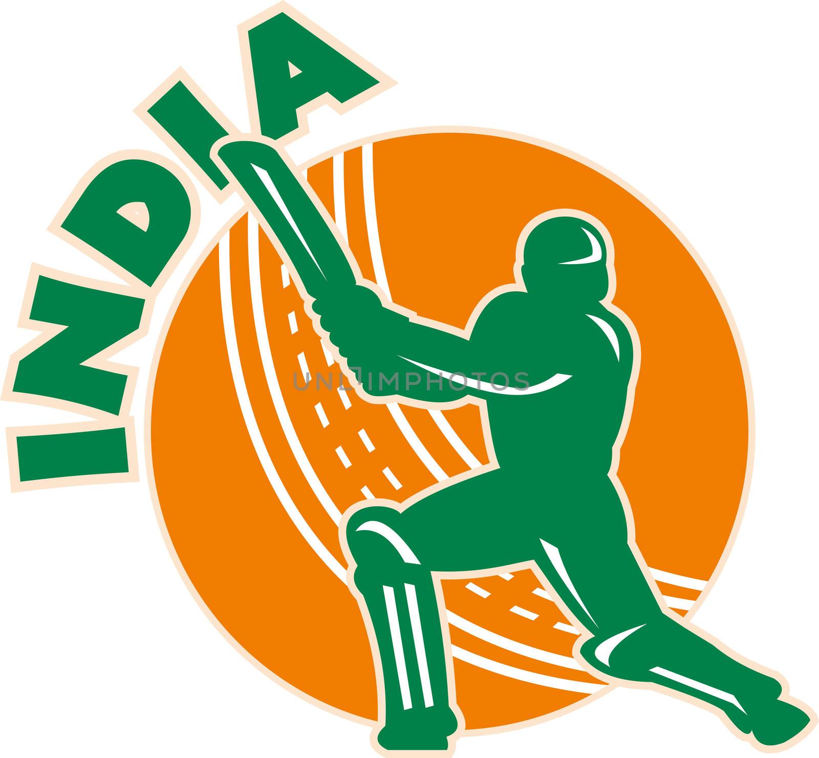 illustration of a cricket batsman silhouette batting front view with ball in background done in retro style with words "India"