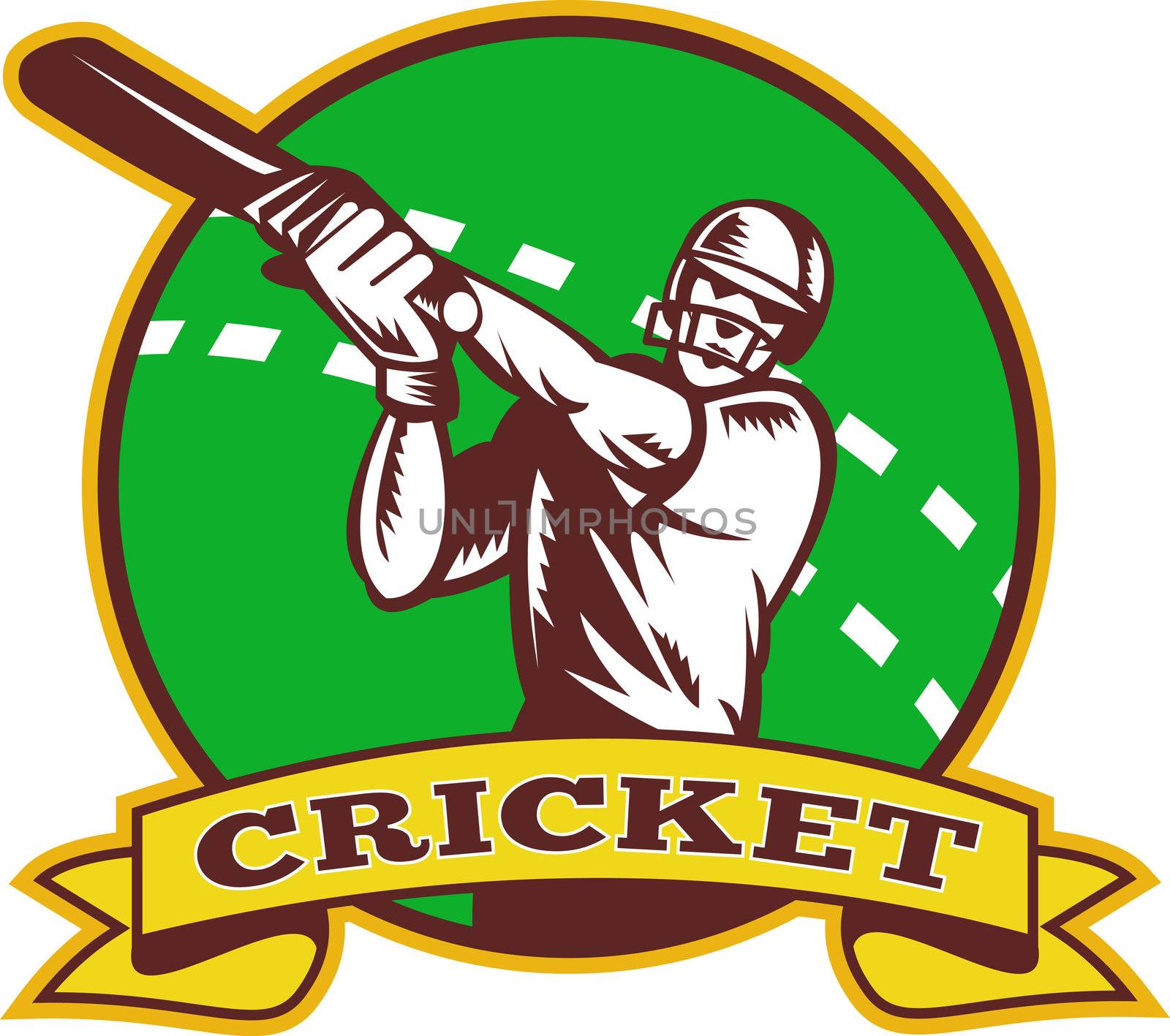  illustration of a cricket batsman batting front view with ball in background done in retro style  with scroll and words "cricket"
