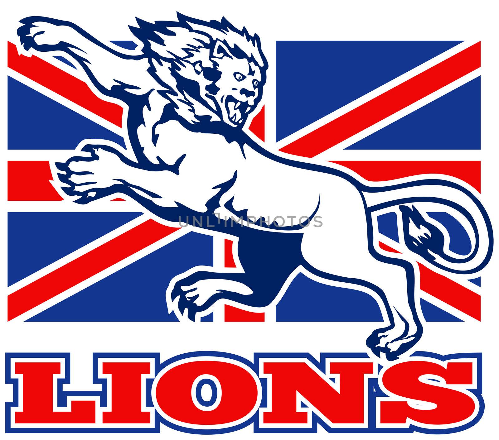 illustration of a Lion attacking with  British Great Britain union jack flag in background