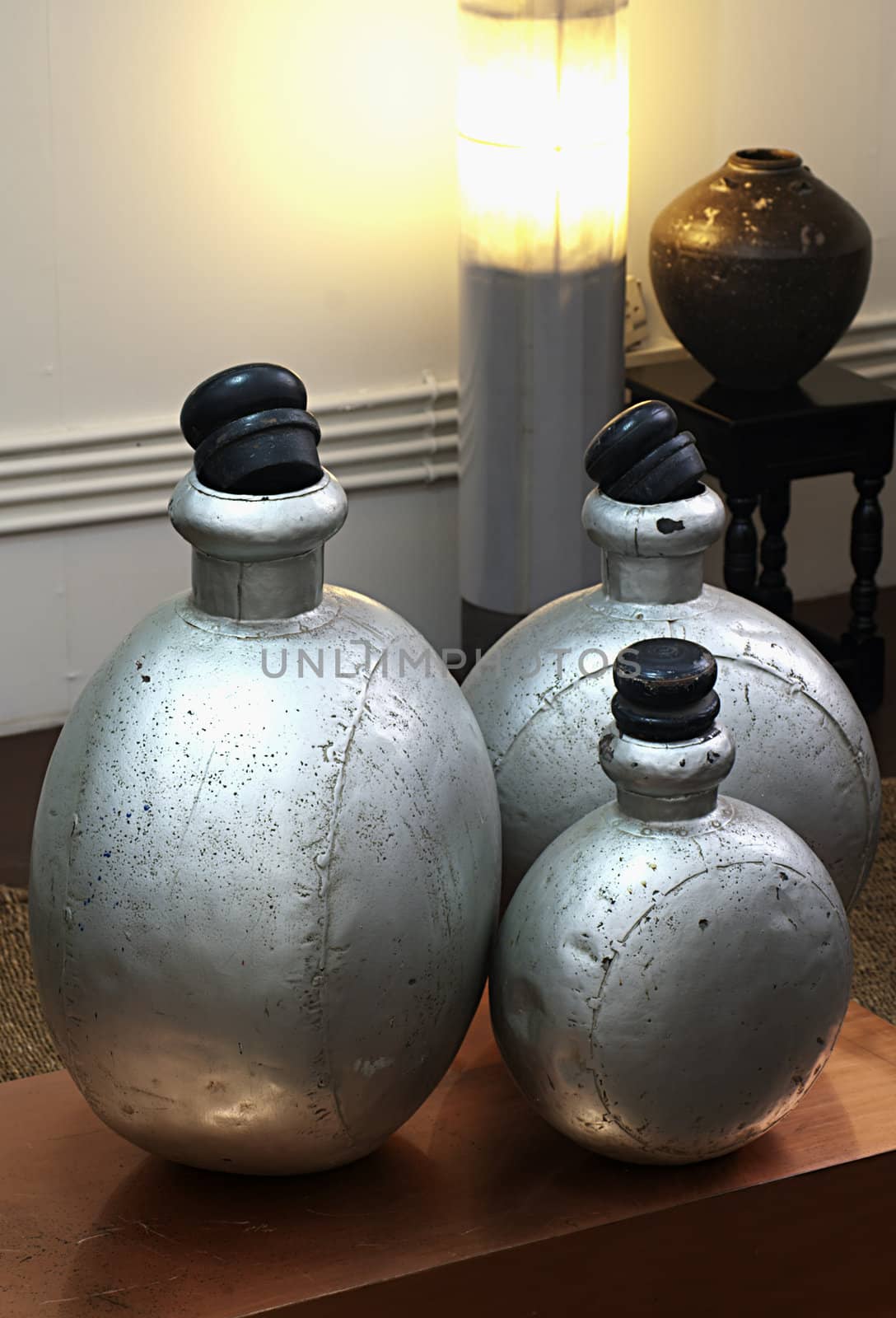 antiquated drug chemical perfume container wooden tops portriat display
