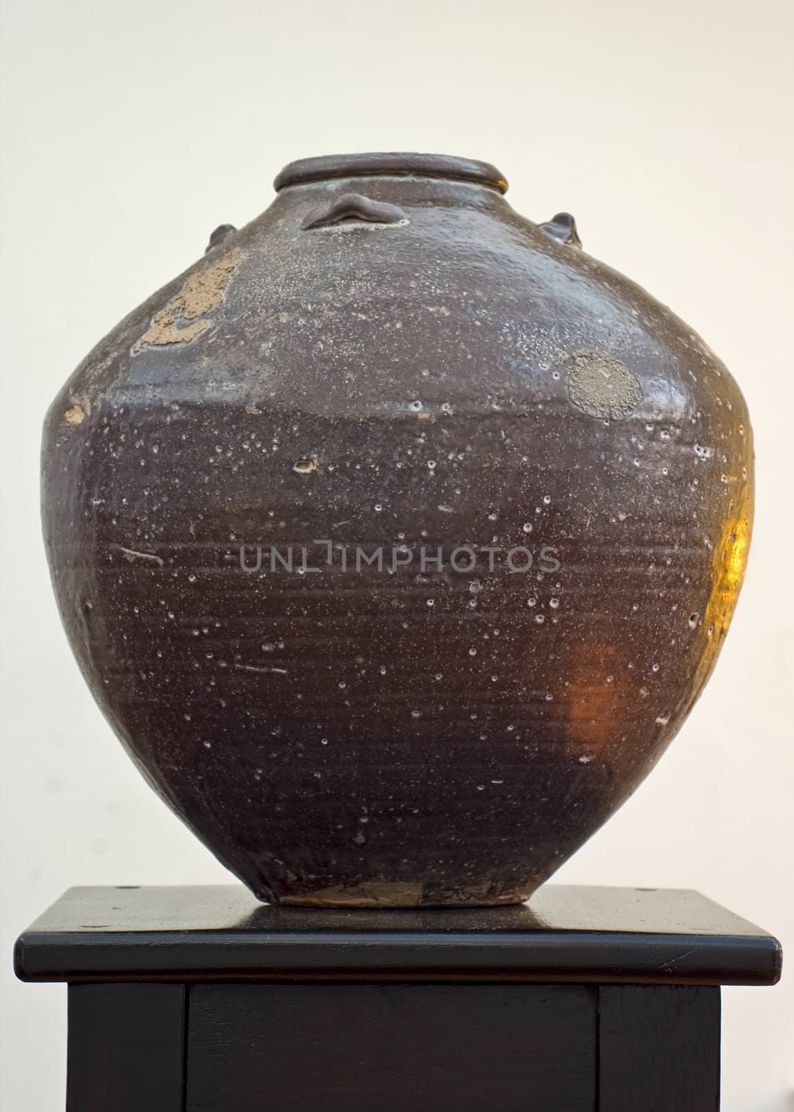 earthen pot on a dark stand with a light background