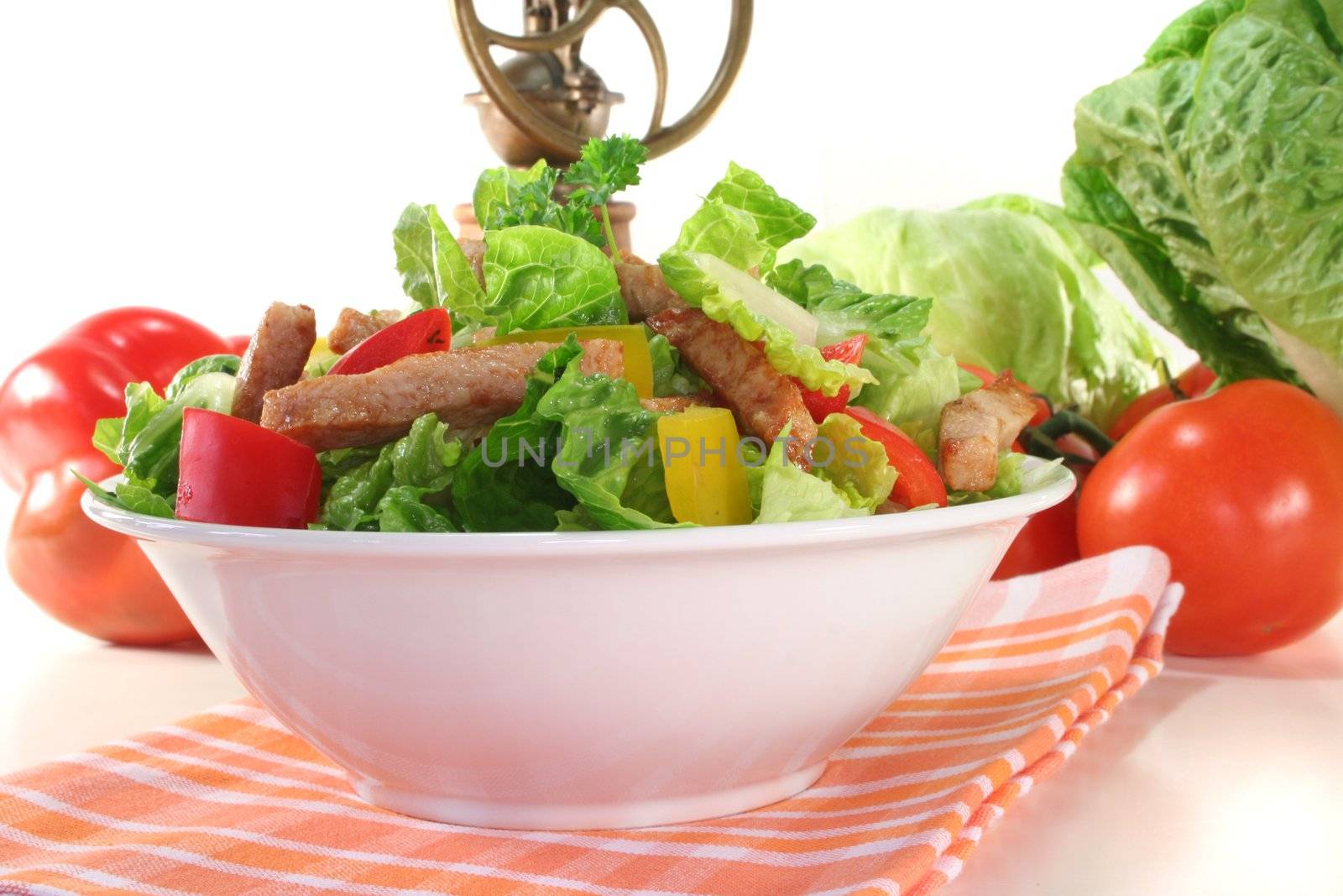 Mixed salad with turkey strips and fresh herbs